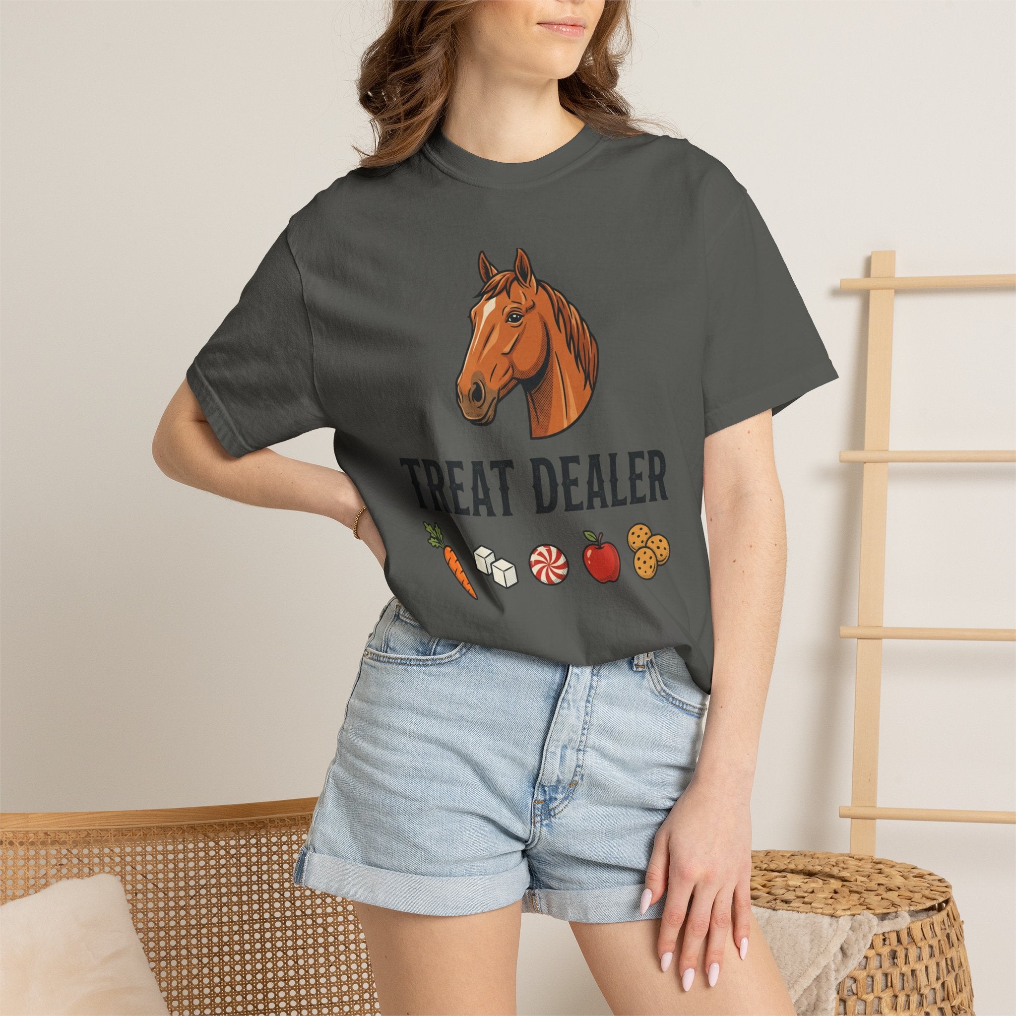 Treat Dealer Horse T-Shirt — Funny Equestrian Tee with Horse Head & Treat Icons