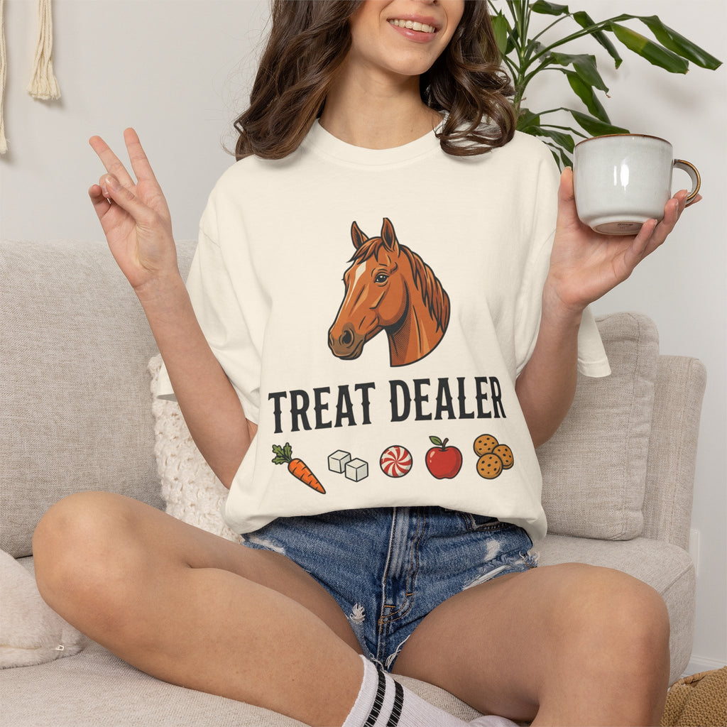 Treat Dealer Horse T-Shirt — Funny Equestrian Tee with Horse Head & Treat Icons