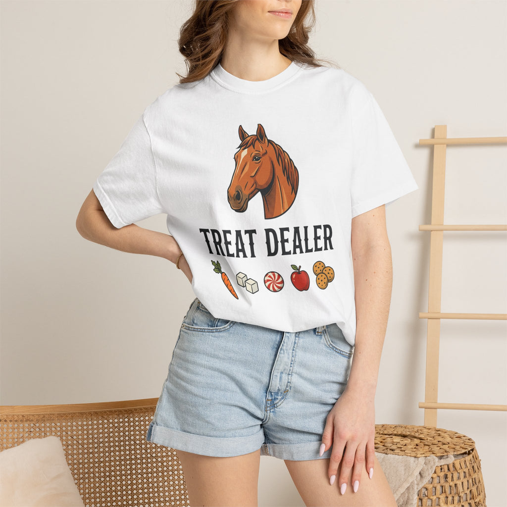 Treat Dealer Horse T-Shirt — Funny Equestrian Tee with Horse Head & Treat Icons