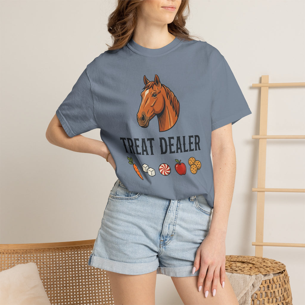 Treat Dealer Horse T-Shirt — Funny Equestrian Tee with Horse Head & Treat Icons