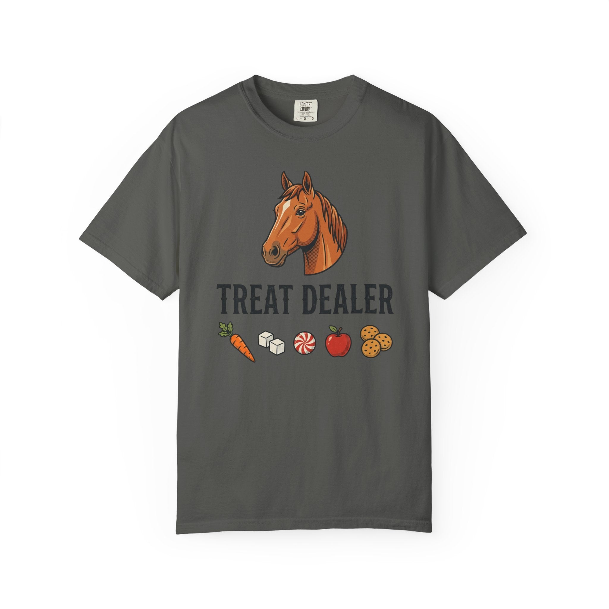 Treat Dealer Horse T-Shirt — Funny Equestrian Tee with Horse Head & Treat Icons