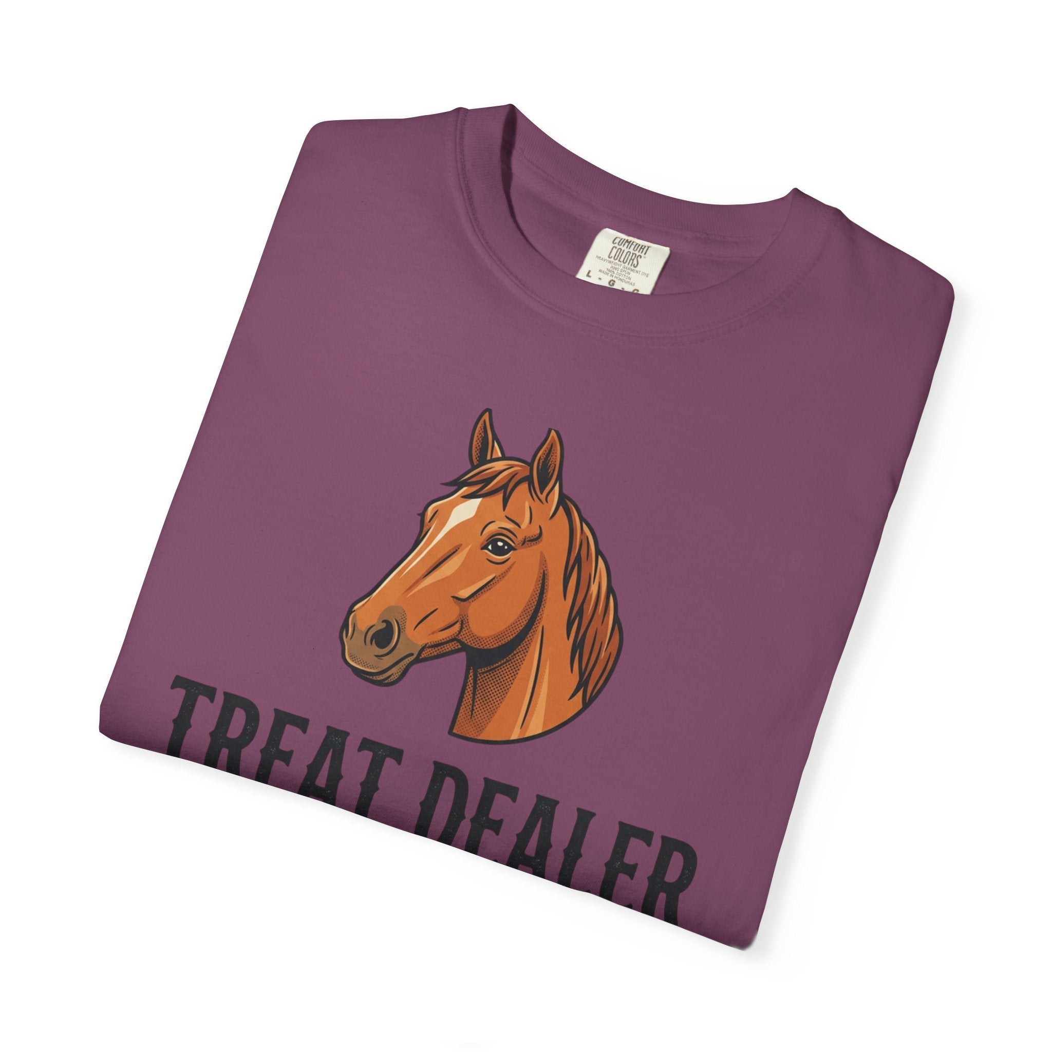 Treat Dealer Horse T-Shirt — Funny Equestrian Tee with Horse Head & Treat Icons
