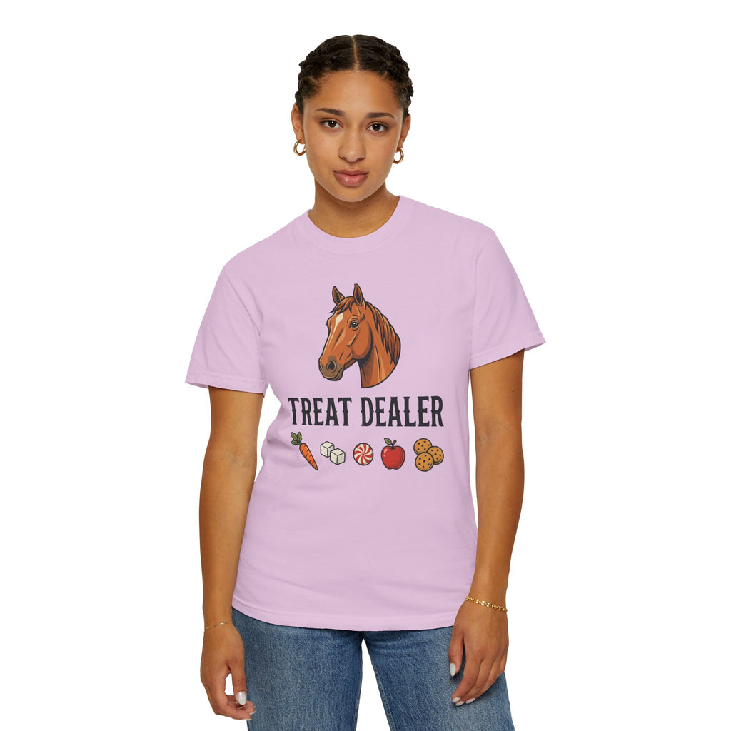 Treat Dealer Horse T-Shirt — Funny Equestrian Tee with Horse Head & Treat Icons