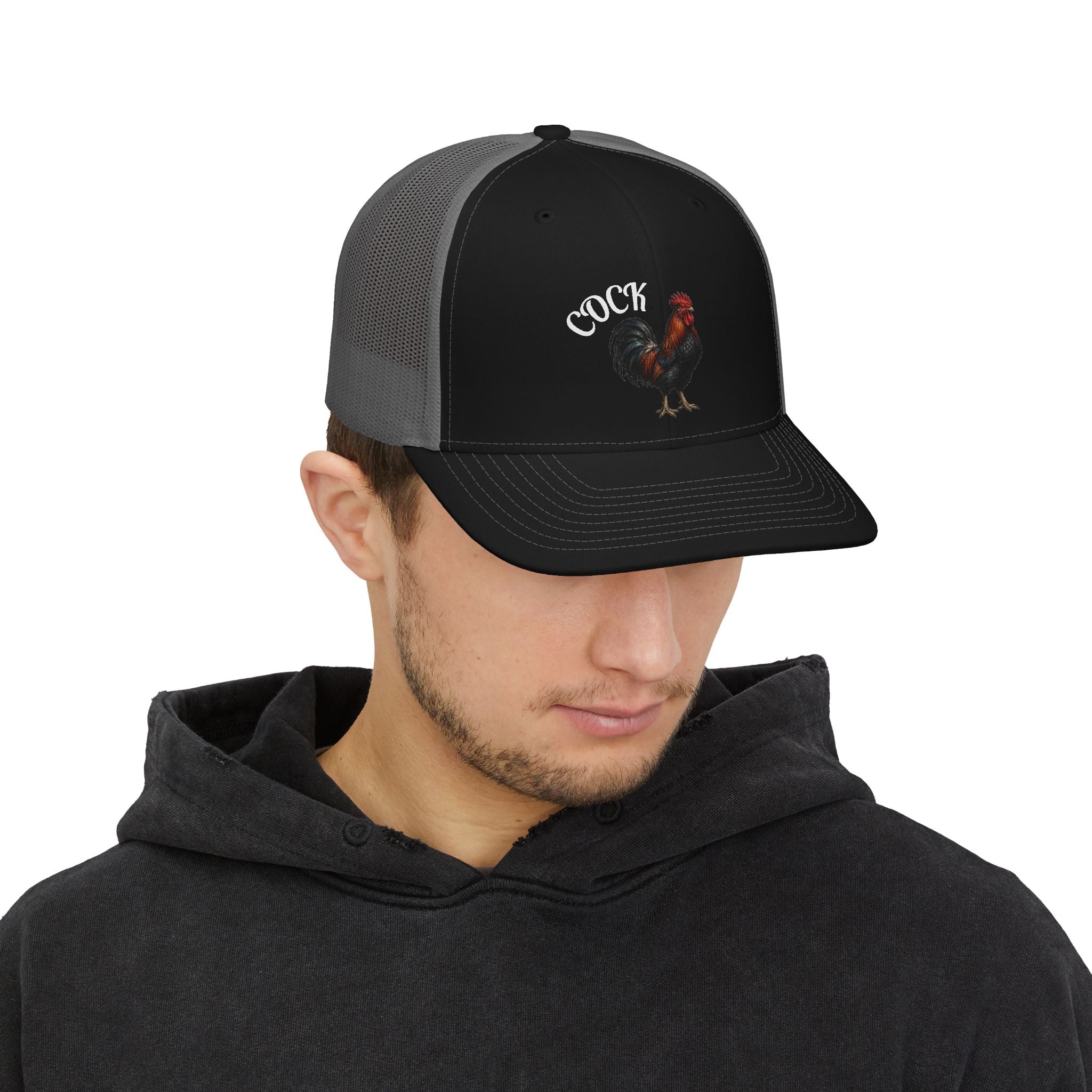 Rooster Trucker Cap — Vintage Farmhouse Snapback Hat with 'Cock' Script