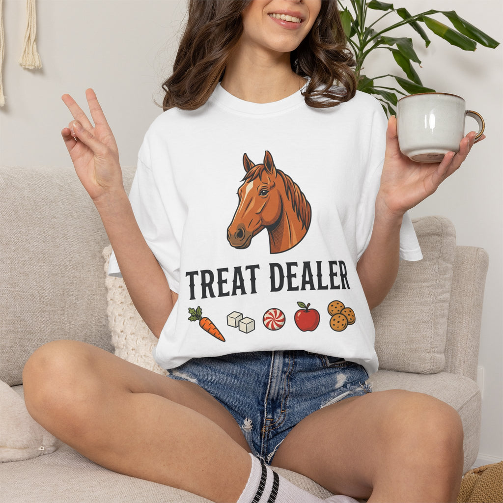Treat Dealer Horse T-Shirt — Funny Equestrian Tee with Horse Head & Treat Icons