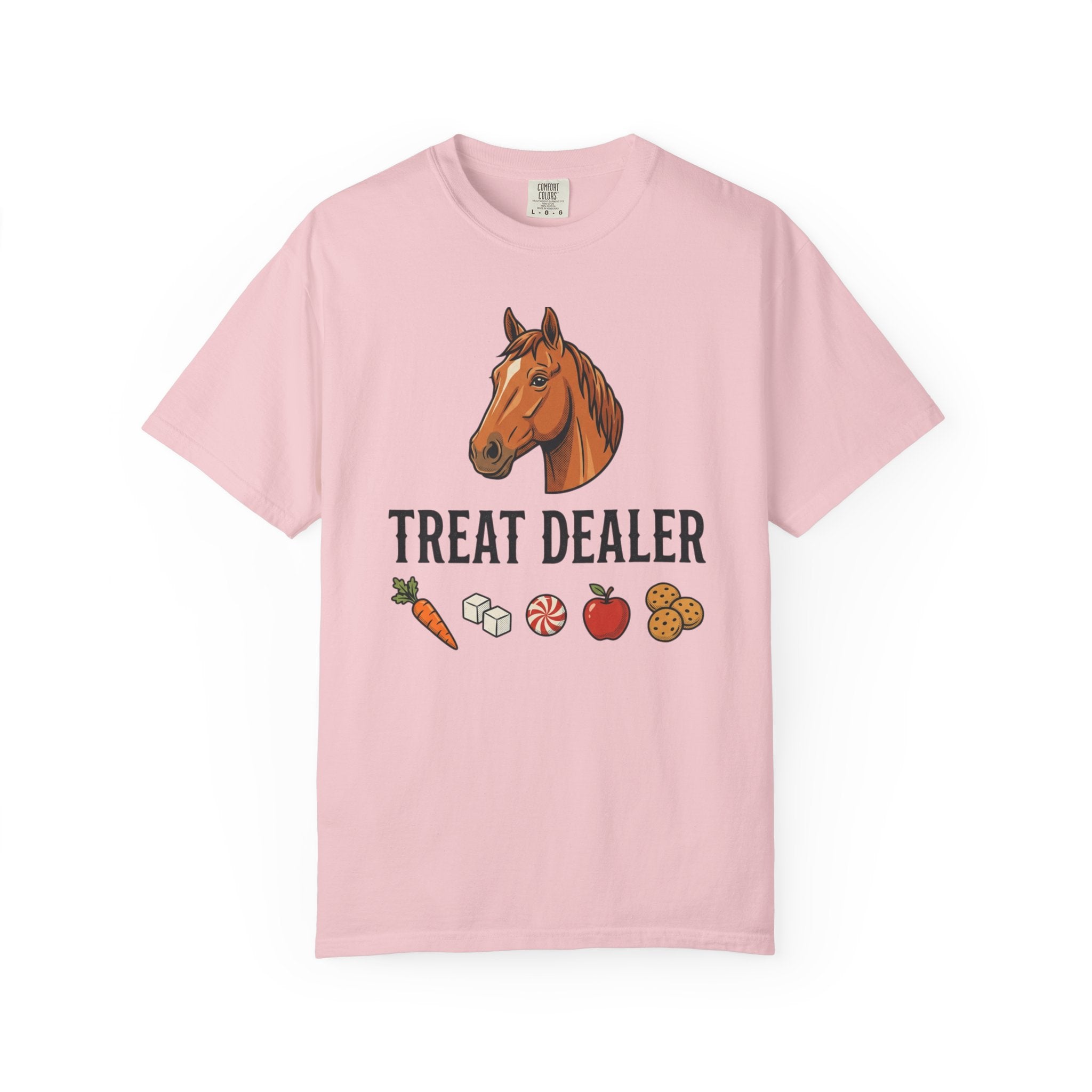 Treat Dealer Horse T-Shirt — Funny Equestrian Tee with Horse Head & Treat Icons
