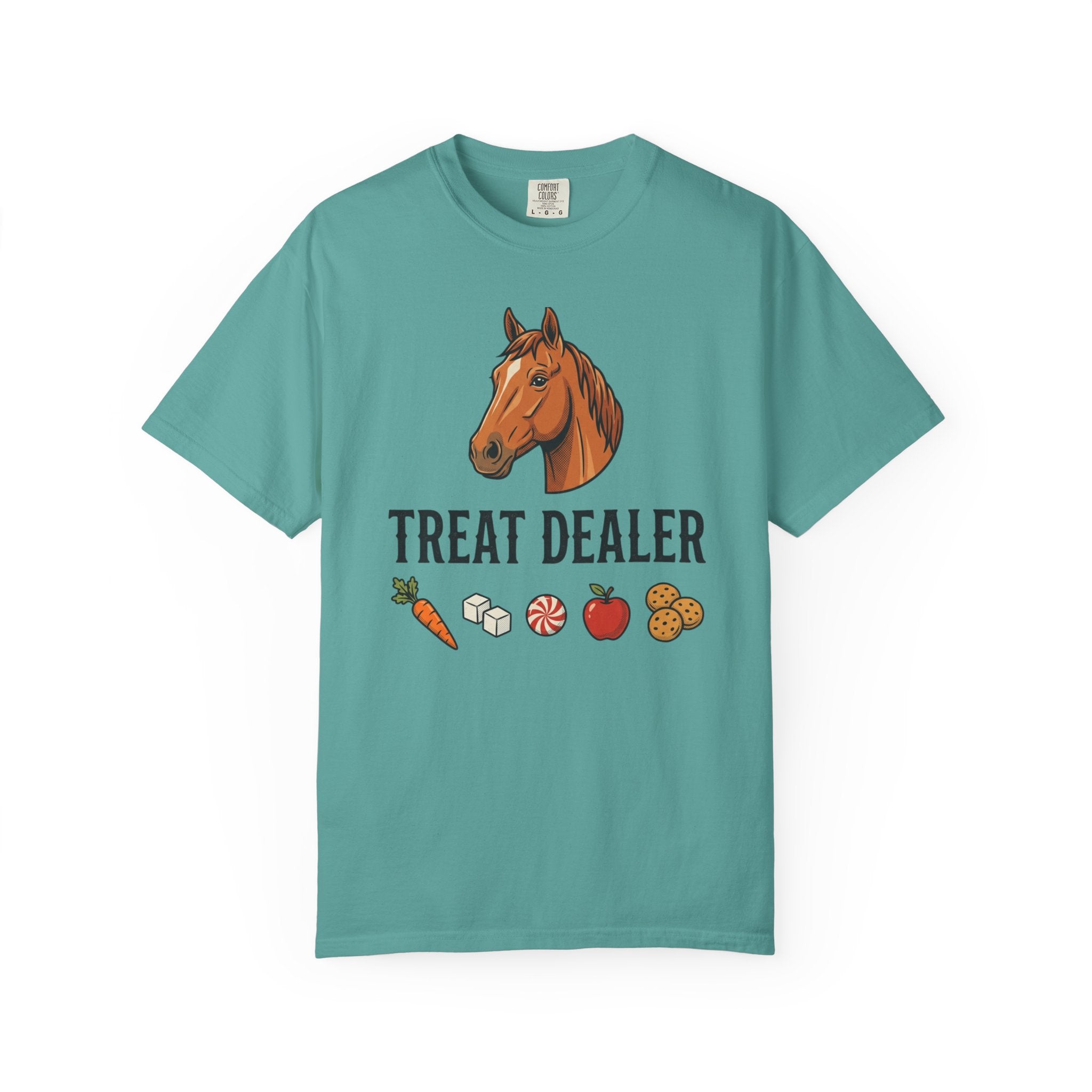 Treat Dealer Horse T-Shirt — Funny Equestrian Tee with Horse Head & Treat Icons