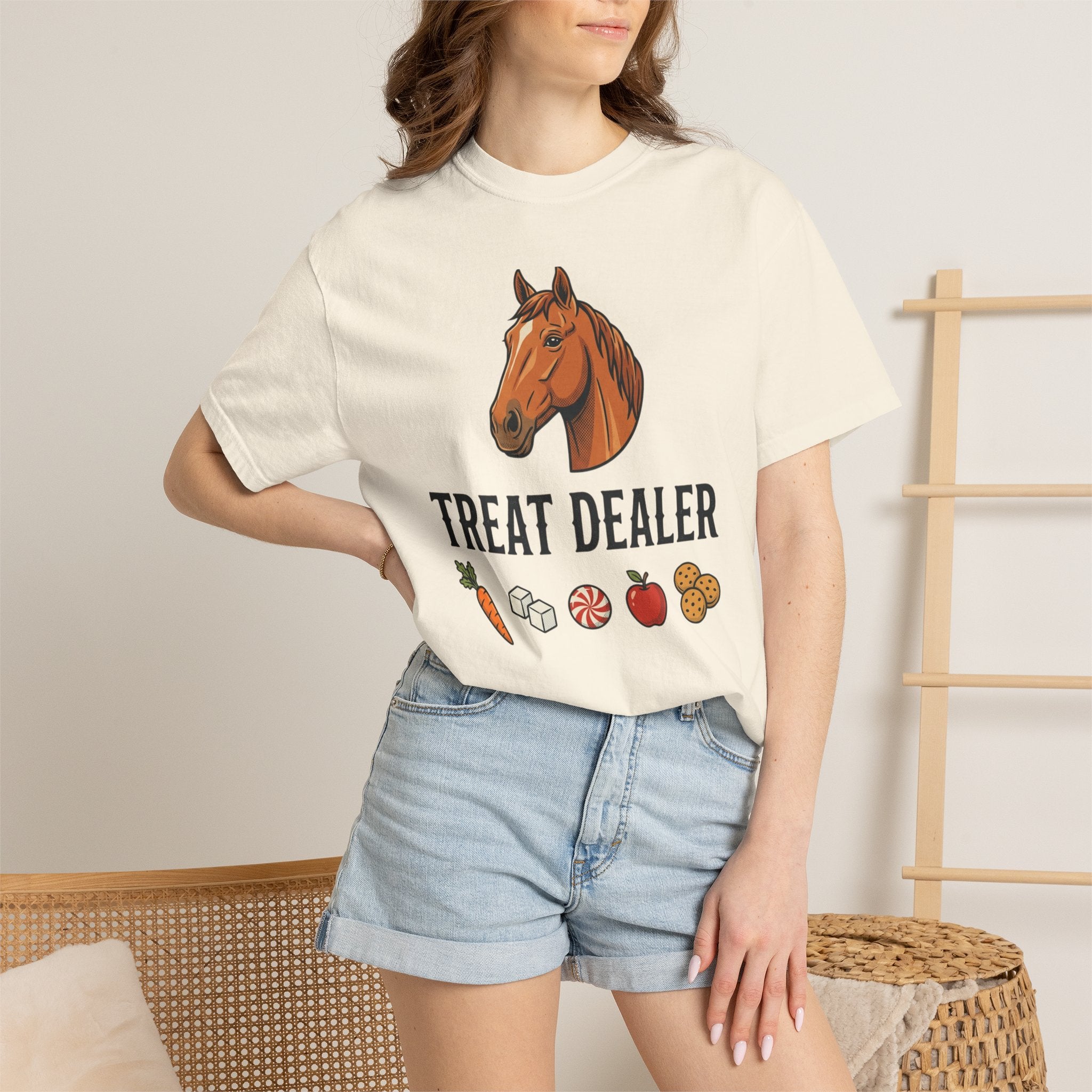 Treat Dealer Horse T-Shirt — Funny Equestrian Tee with Horse Head & Treat Icons