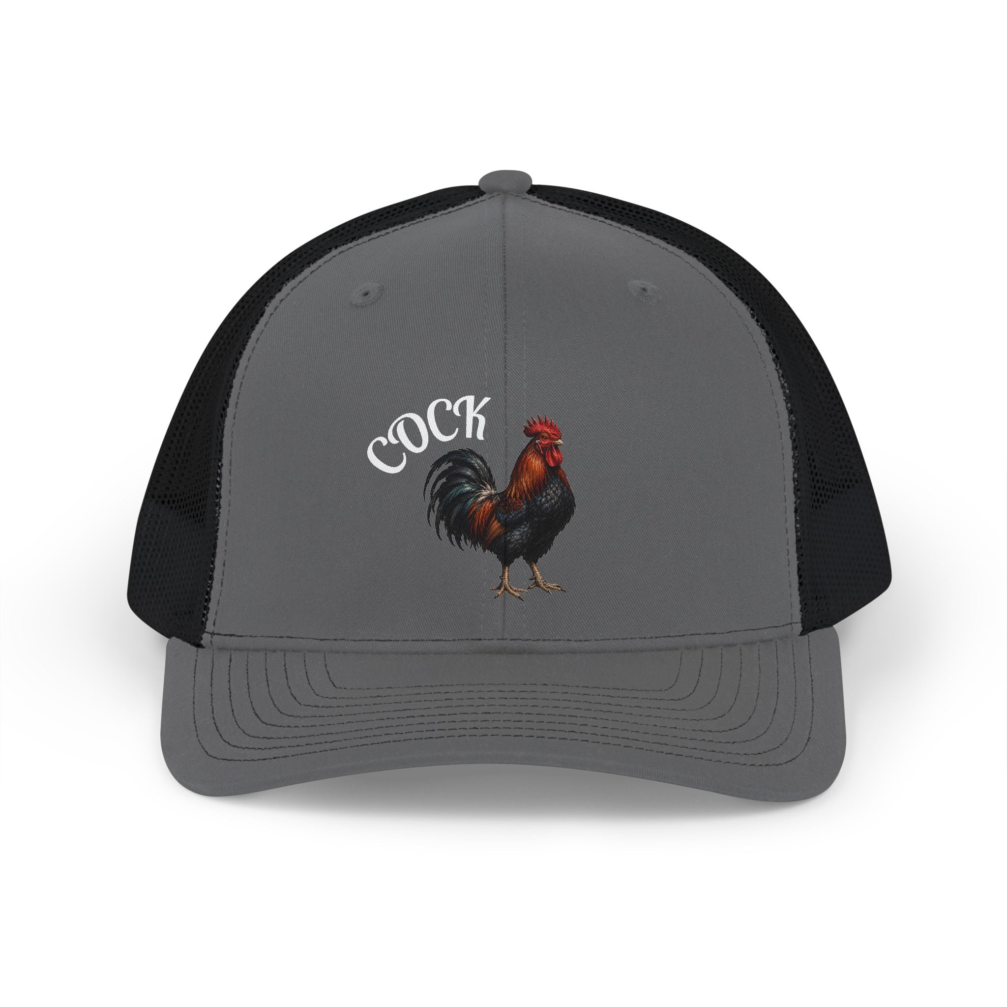 Rooster Trucker Cap — Vintage Farmhouse Snapback Hat with 'Cock' Script